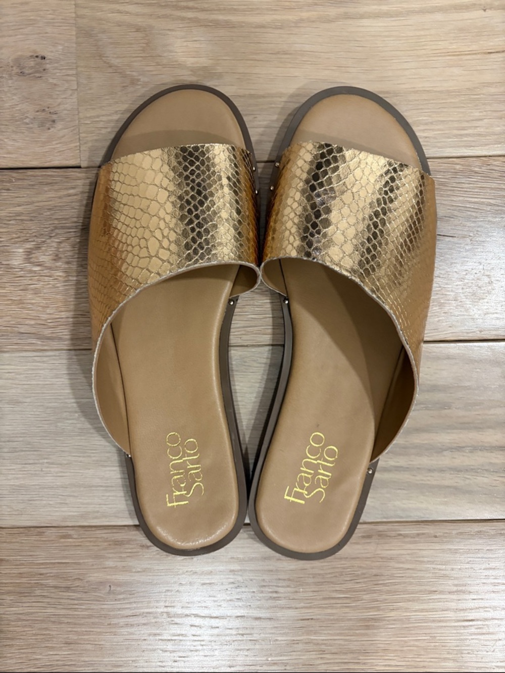 Franco Sarto Metallic Gold Snake-Print Slide Sandals